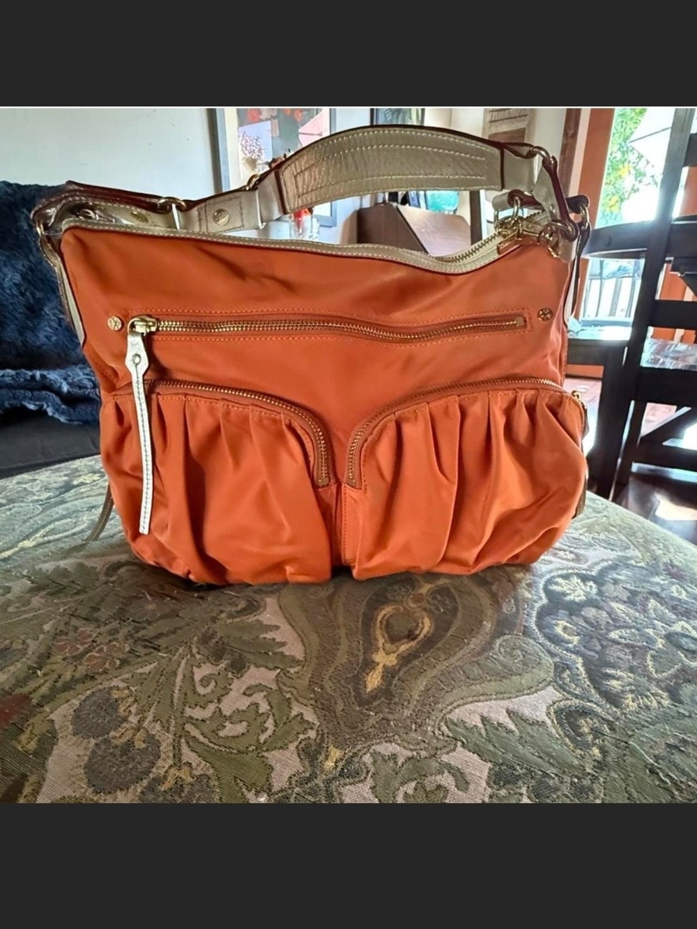 MZ Wallace Orange Gathered Front Shoulder Bag with Gold Accents